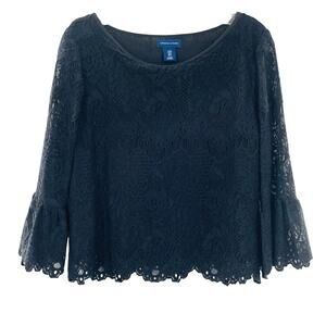 ADRIENNE VITADINI Black Lace Ruffle Bell Sleeve Scoop Neck Crop Top Blouse S